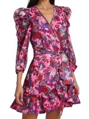 Tanya Taylor pink floral Sasha wrap mini dress long sleeves sz 4